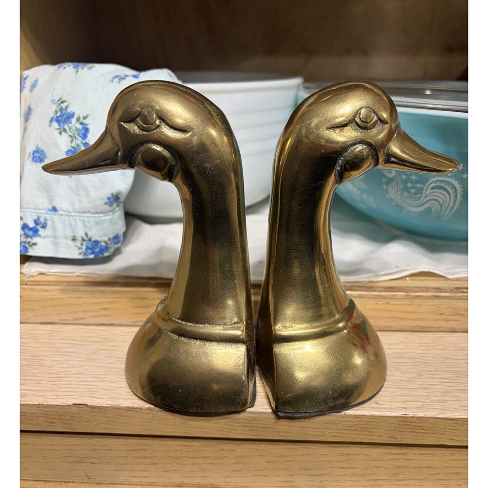 Vintage Pair Of Brass Duck Head Mallard Book Ends Korea